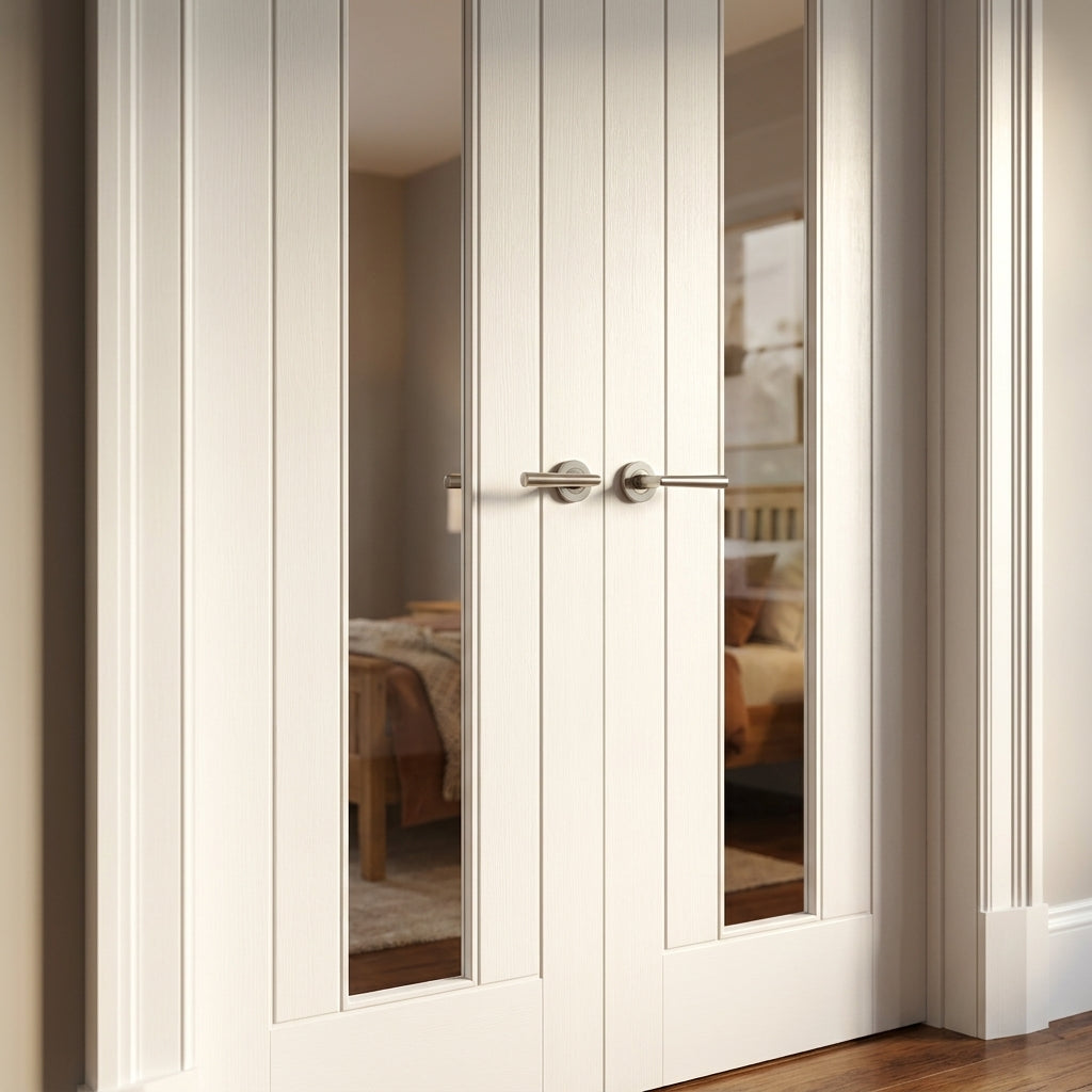 Internal French Door with 1 Light Obscure Glass, White Primed, 3 Panel Design - detail view