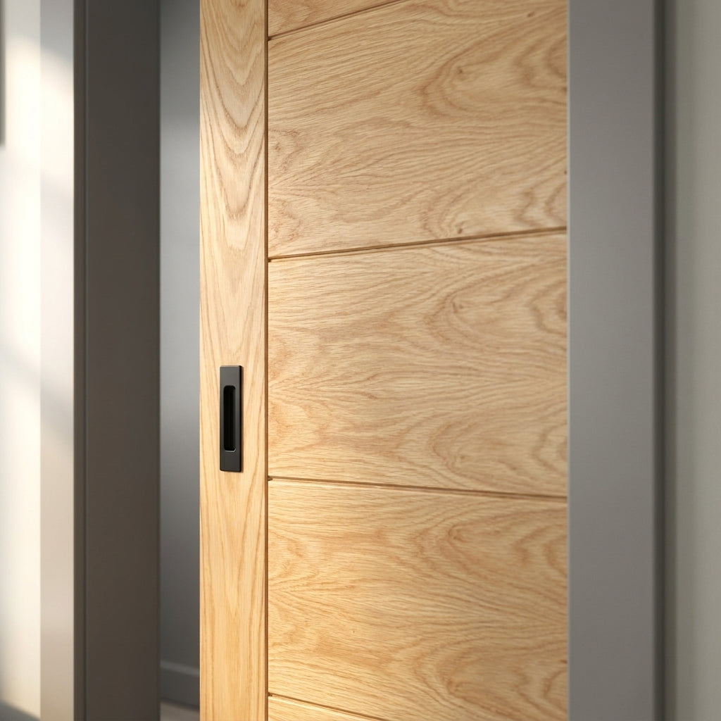 Internal Pocket Door Set, Oak, Fully Finished, Framed, Solid Core - detail view