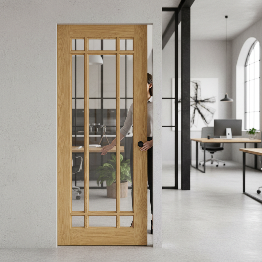 Premium Flush Pocket Door Set with Bevelled Glass Panels, No Bottom Track, and 15-Year Guarantee for Space-Saving Solutions