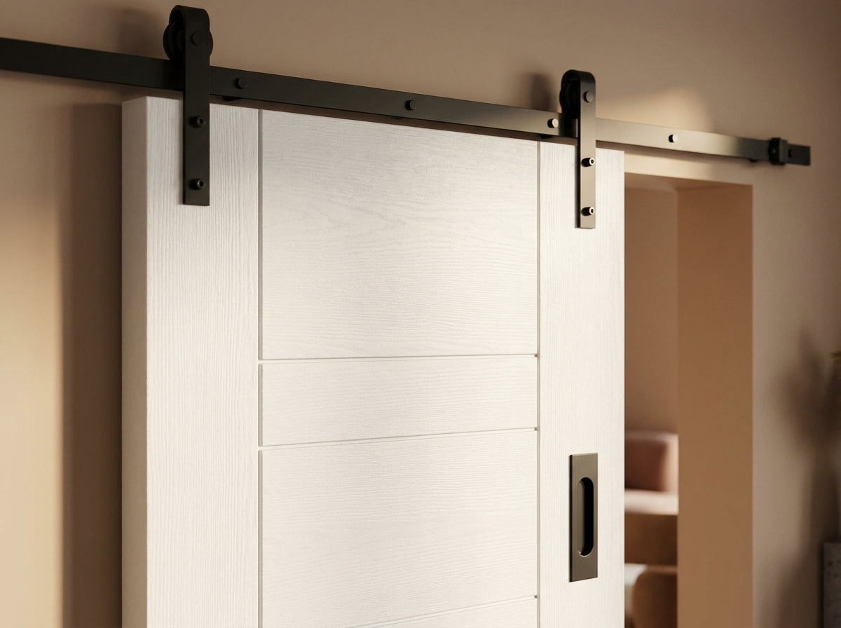 Internal White Sliding Door, 3 Panel Design, Primed Finish, Semi-Solid Core - detail view