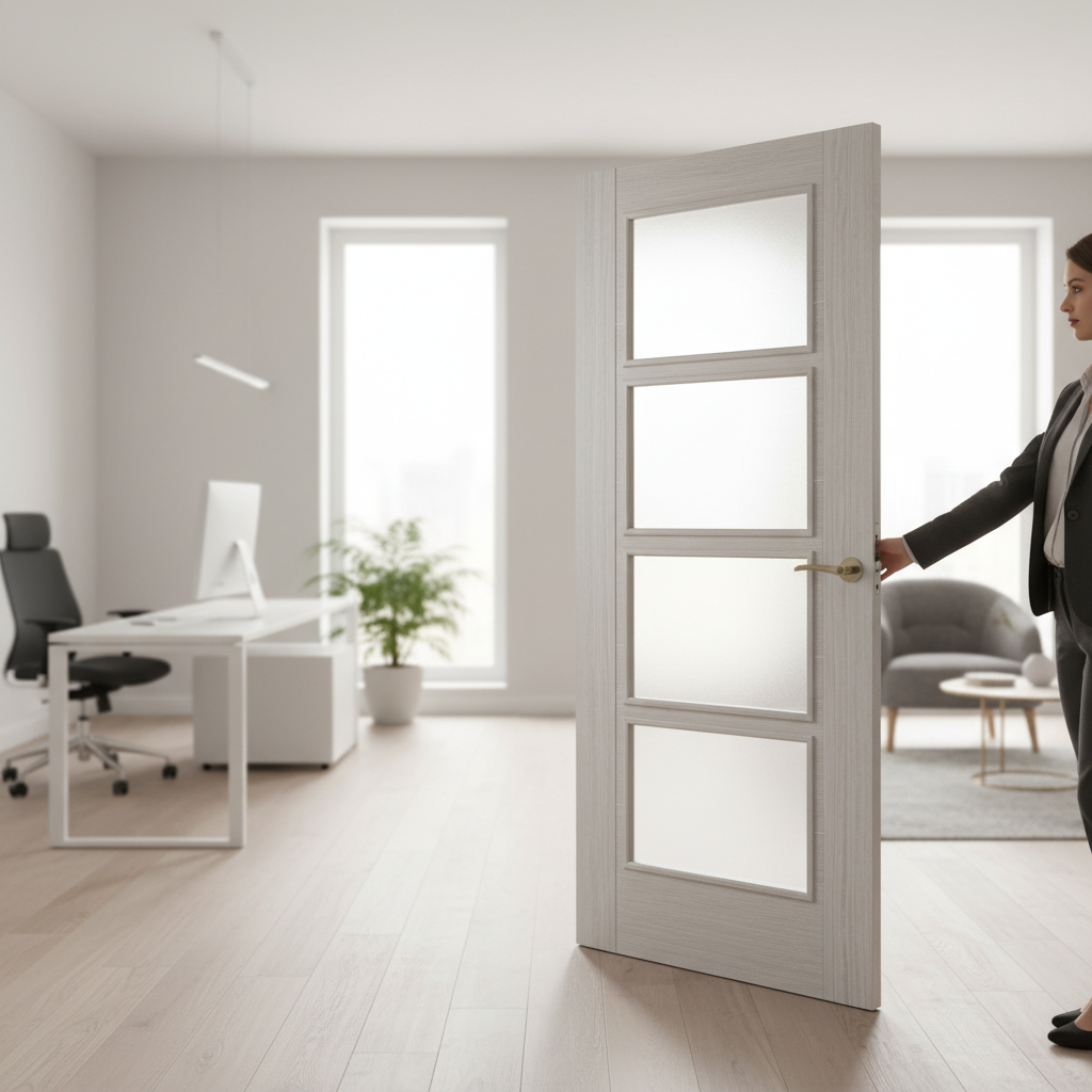 Premium Contemporary Light Grey Internal Door with Clear Glazed Panels and Engineered Construction for Enhanced Durability