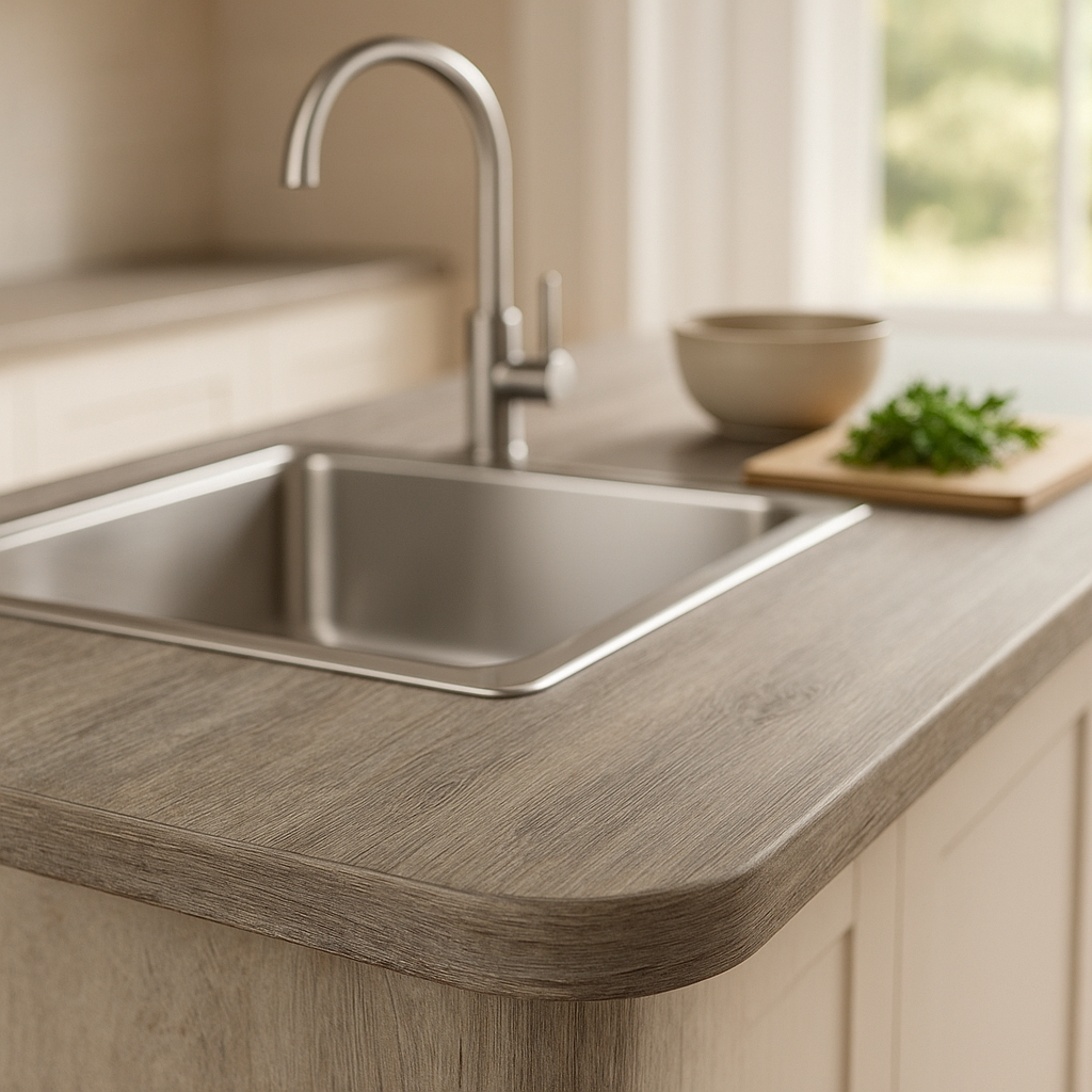 Laminate Worktop in Silver Oak with Rounded Edges, 3000mm x 600mm x 38mm - detail view