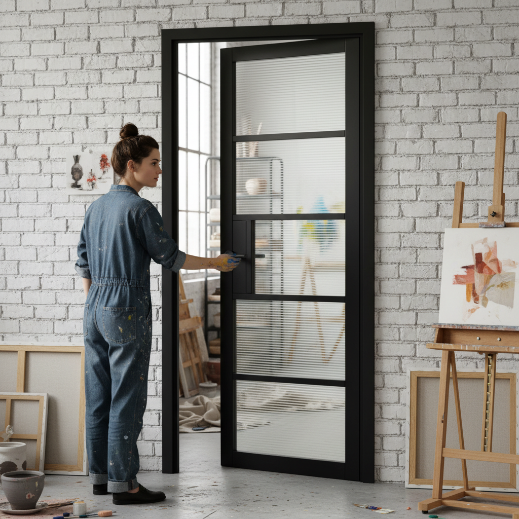 Premium Industrial Style Reeded Glazed Door with Solid Framing and Black Finish for Modern Interiors