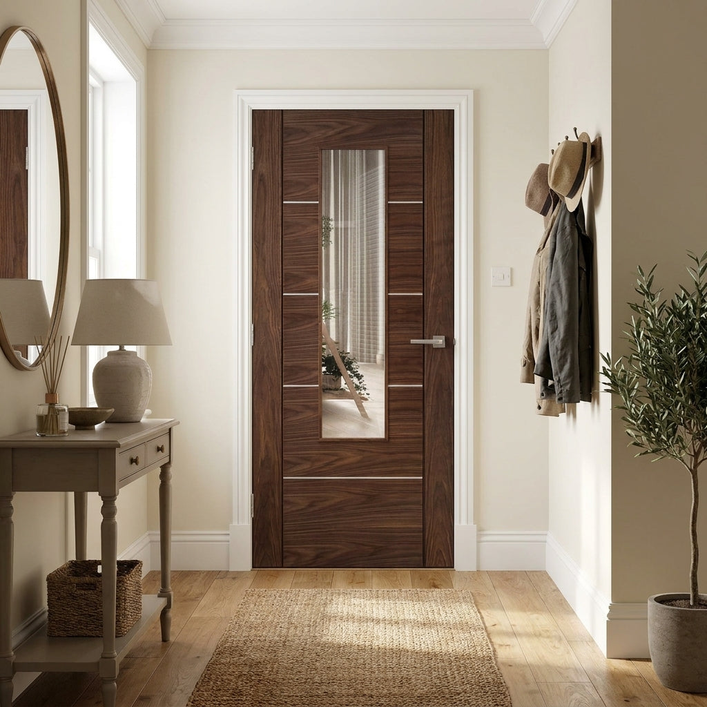 Internal Walnut Door, Fully Finished, 1 Light Clear Glass, Solid Core
