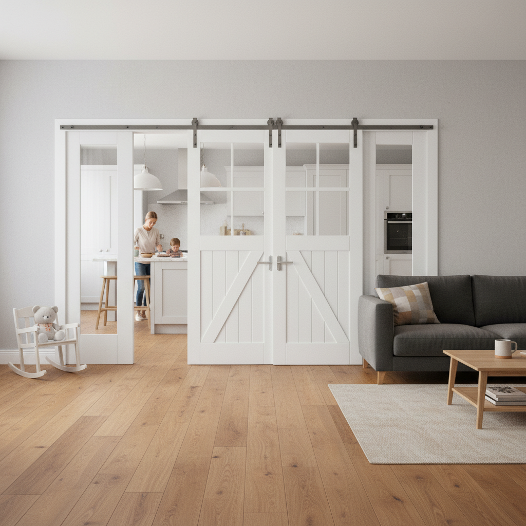 Internal Room Divider Set with Clear Glass Panels and White Primed Barn Doors for Elegant Home Décor - Image 2