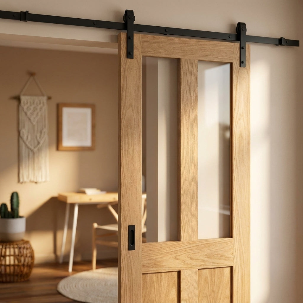 Internal Oak Sliding Door Unfinished Victorian Shaker 2 Panel 2 Light Clear Glass - detail view