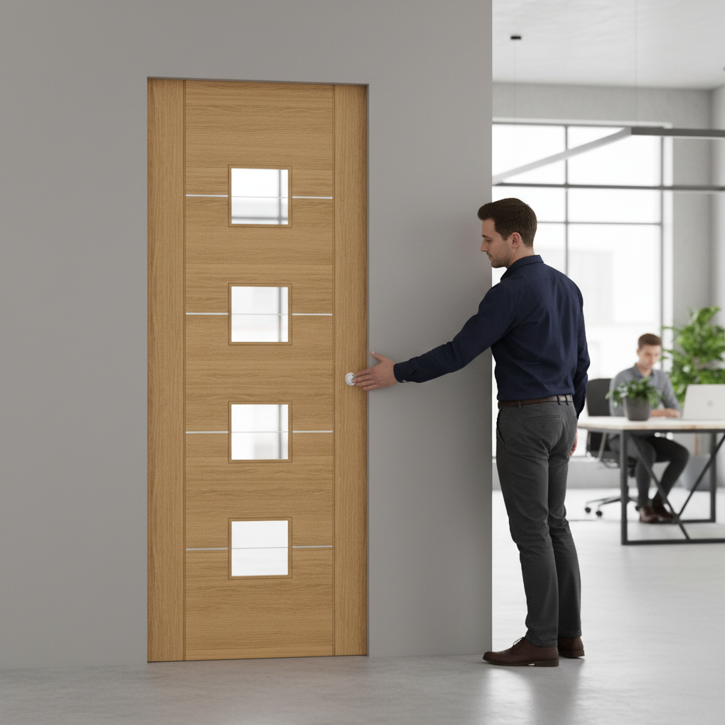 Premium Flush Pocket Door Set with Oak Veneer and No Bottom Track for Space-Saving Design