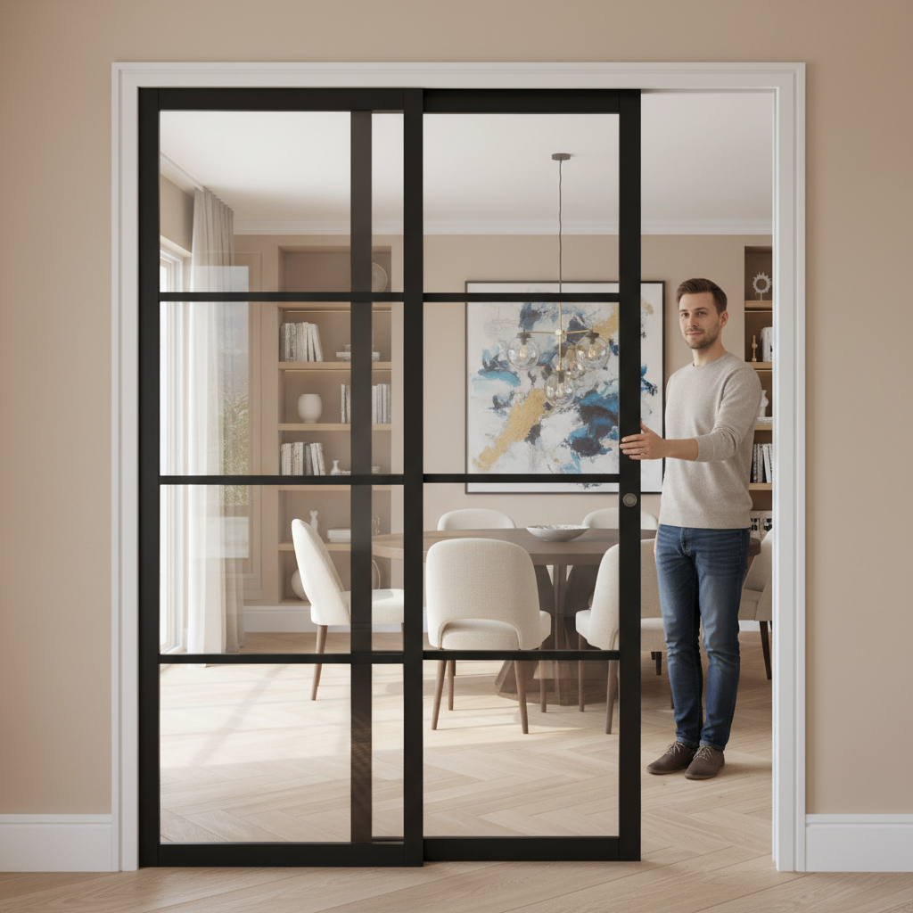 Premium Twin Telescopic Pocket Door System with Clear Glass Panels and Maintenance-Free Track - Ideal for Space Saving