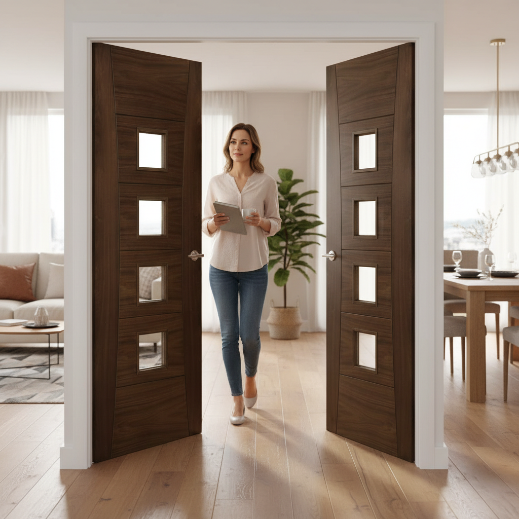 Premium Internal Door Pair with Clear Bevelled Glass and Real Walnut Veneer Finish