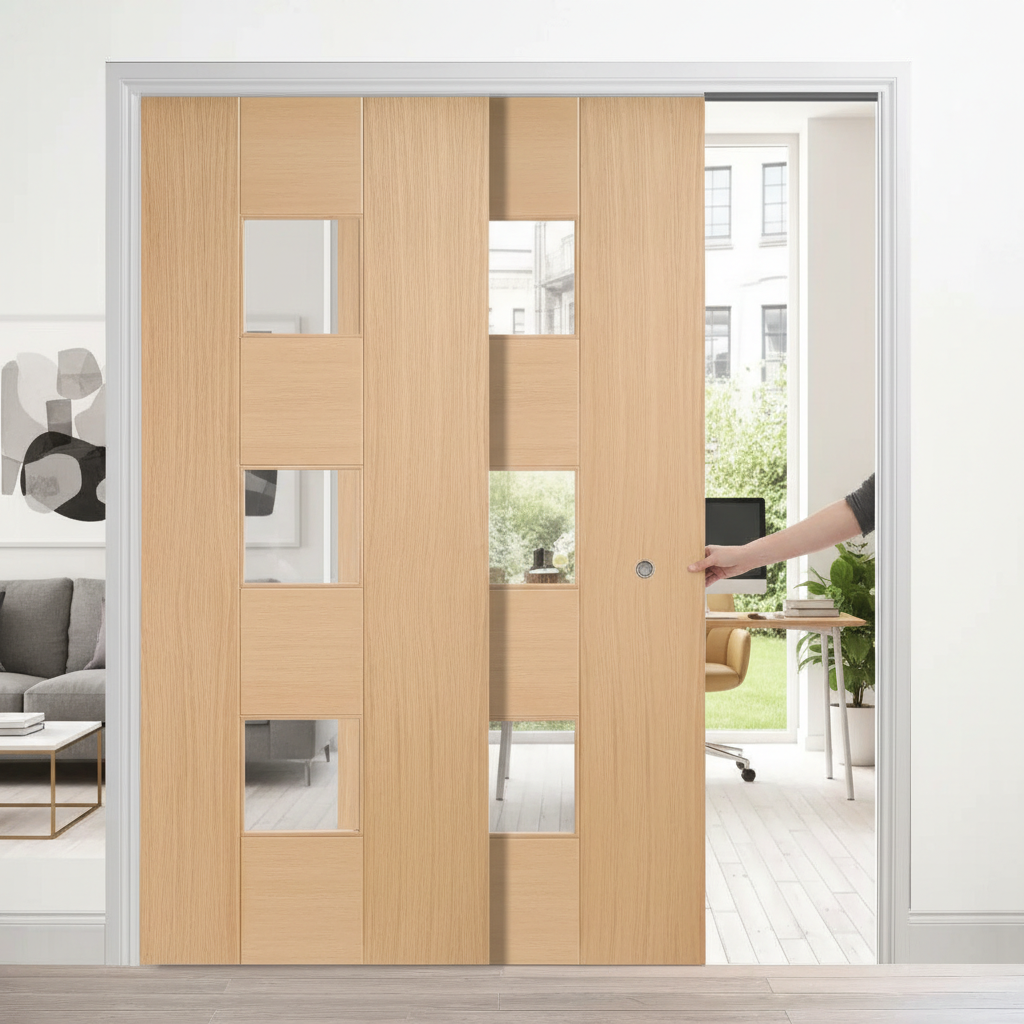 Premium Oak Glazed Telescopic Pocket Door System with Synchronization Feature and Complete Timber Jamb Kit