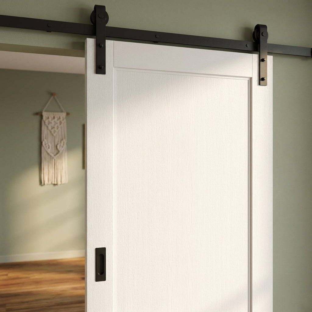 White Primed Internal Sliding Door - Flush Design with Black Face Mounted - detail view