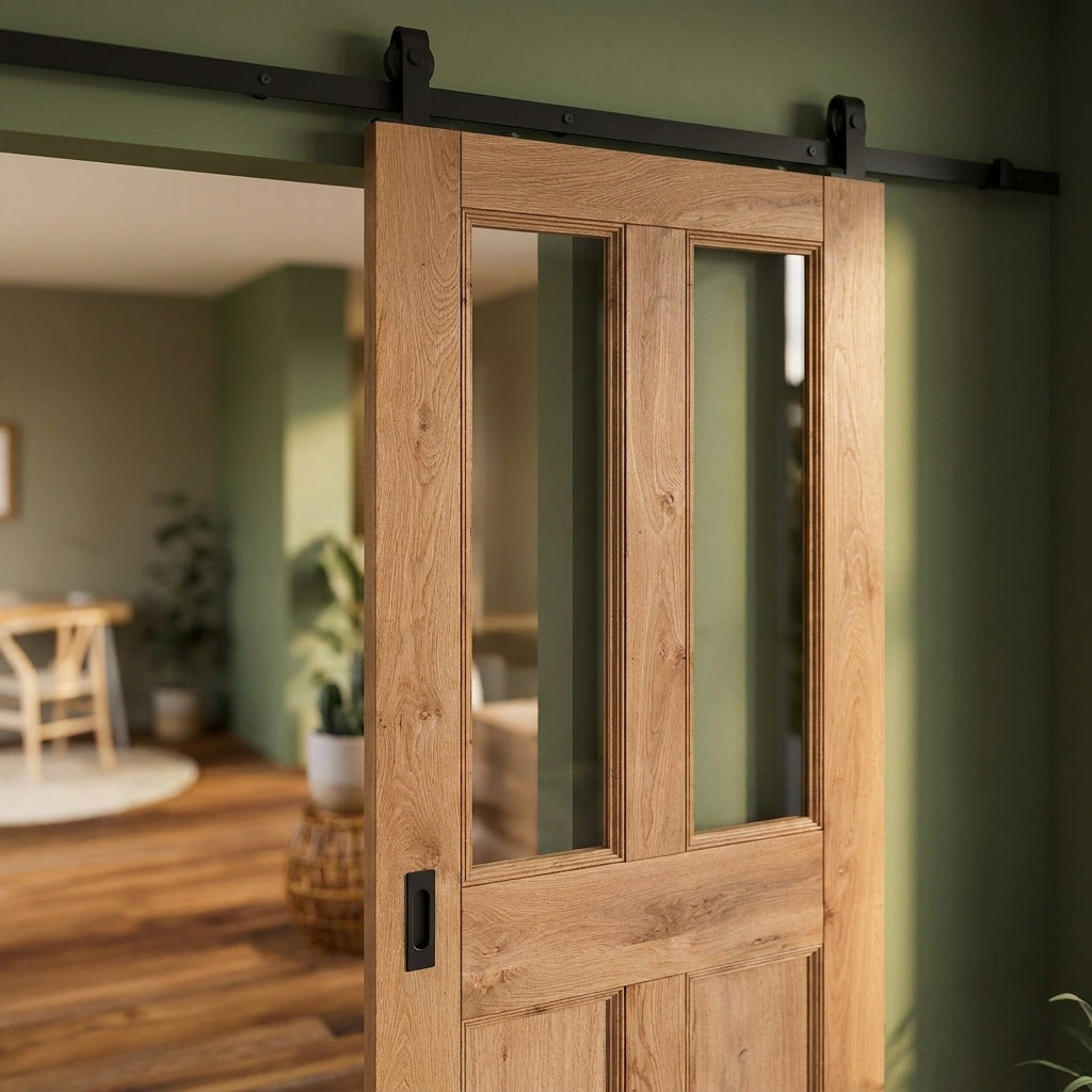 Fully Finished Clear Glazed 2 Panel Sliding Internal Oak Door - Rustic Malton - detail view
