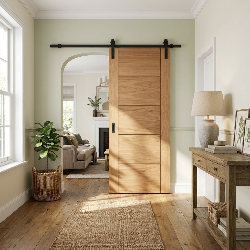 Oak Internal Sliding Door Unfinished 5 Panel Parma Design - Black Face Mounted