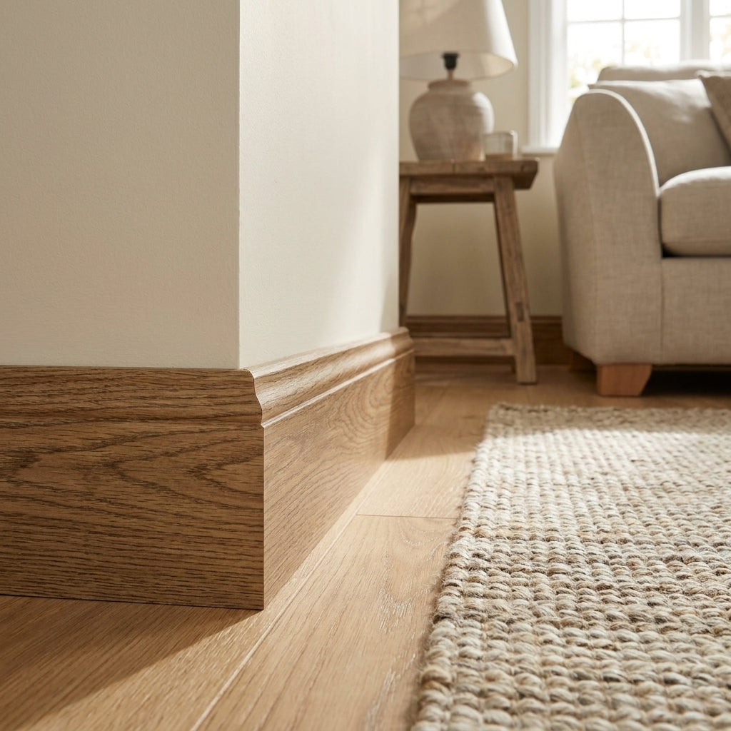 Medium Oak Laminate Skirting Board 2400mm x 15mm x 95mm - detail view