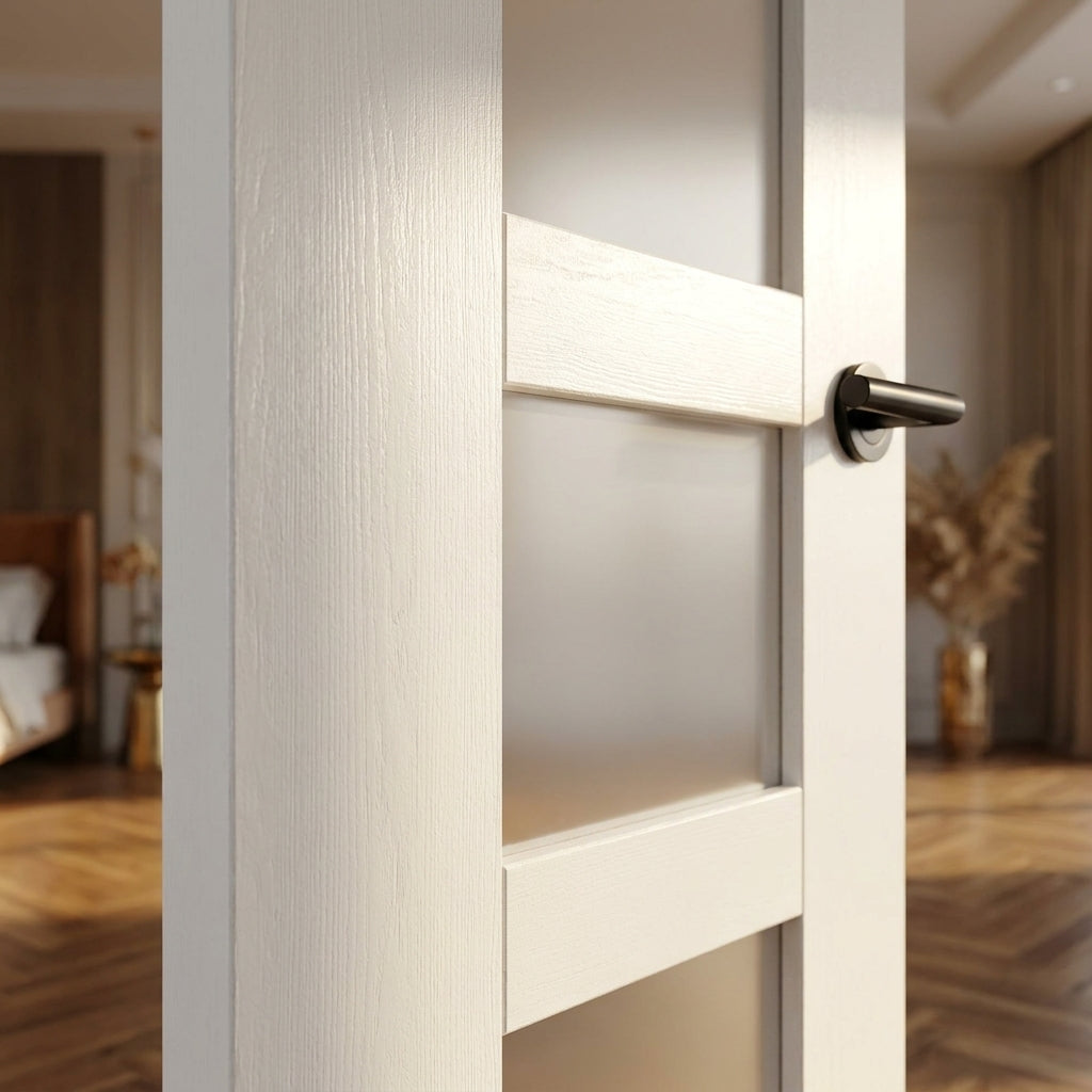 Internal White Shaker Door with 4 Light Obscure Glass and Primed Finish - detail view