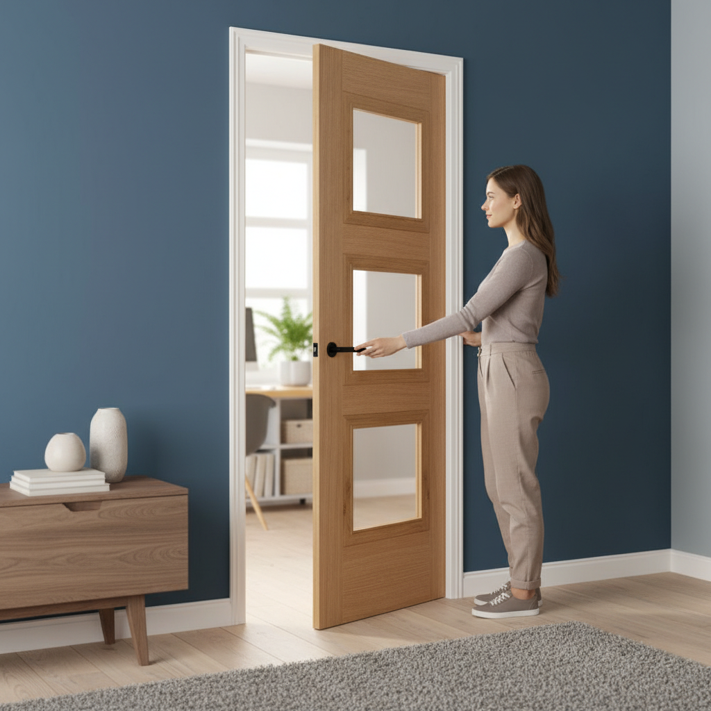 Professional Clear Glazed Oak Pocket Door Set with Galvanised Steel Frame and Adjustable Jambs for Space Efficiency