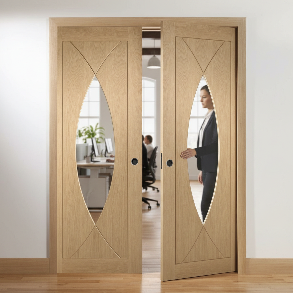 Premium Double Fire Rated Pocket Door Set with Clear Glazed Panels and Heavy Duty Steel Frame for Stylish Home Interiors