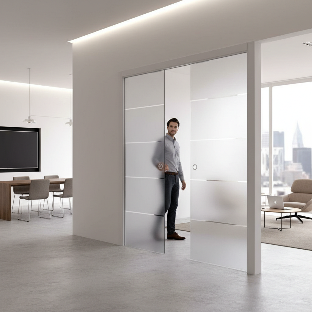 Premium Double Satin Striped Glass Pocket Door System with Easy Slide Mechanism and Tempered Glass for Modern Spaces