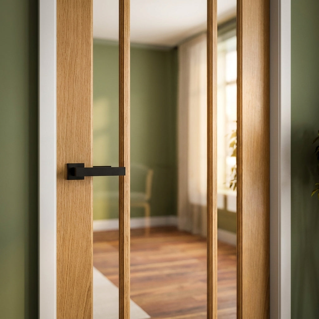 Internal Oak Door Unfinished with 3 Light Clear Glass Panels - detail view