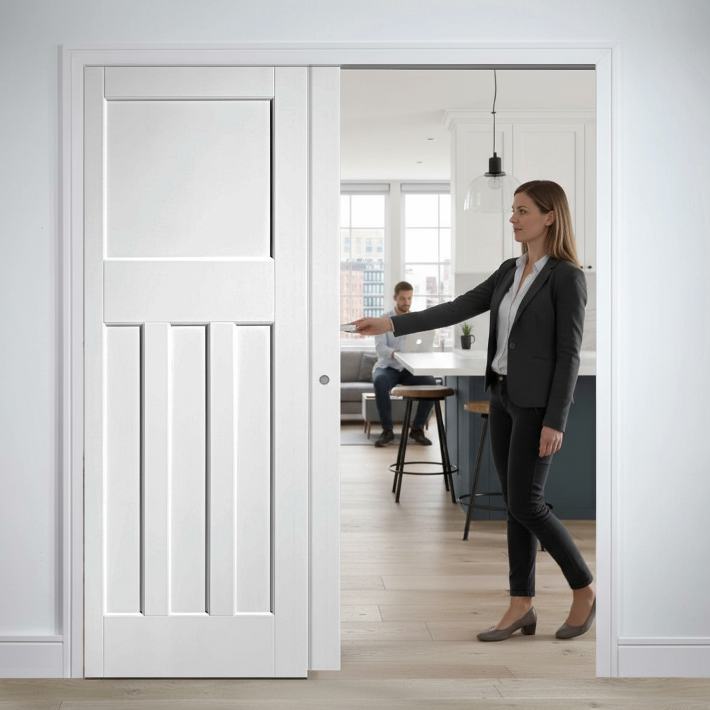 Premium Telescopic Door System with Solid Core Design, Synchronization Kit, and Maintenance-Free Track for Elegant Spaces