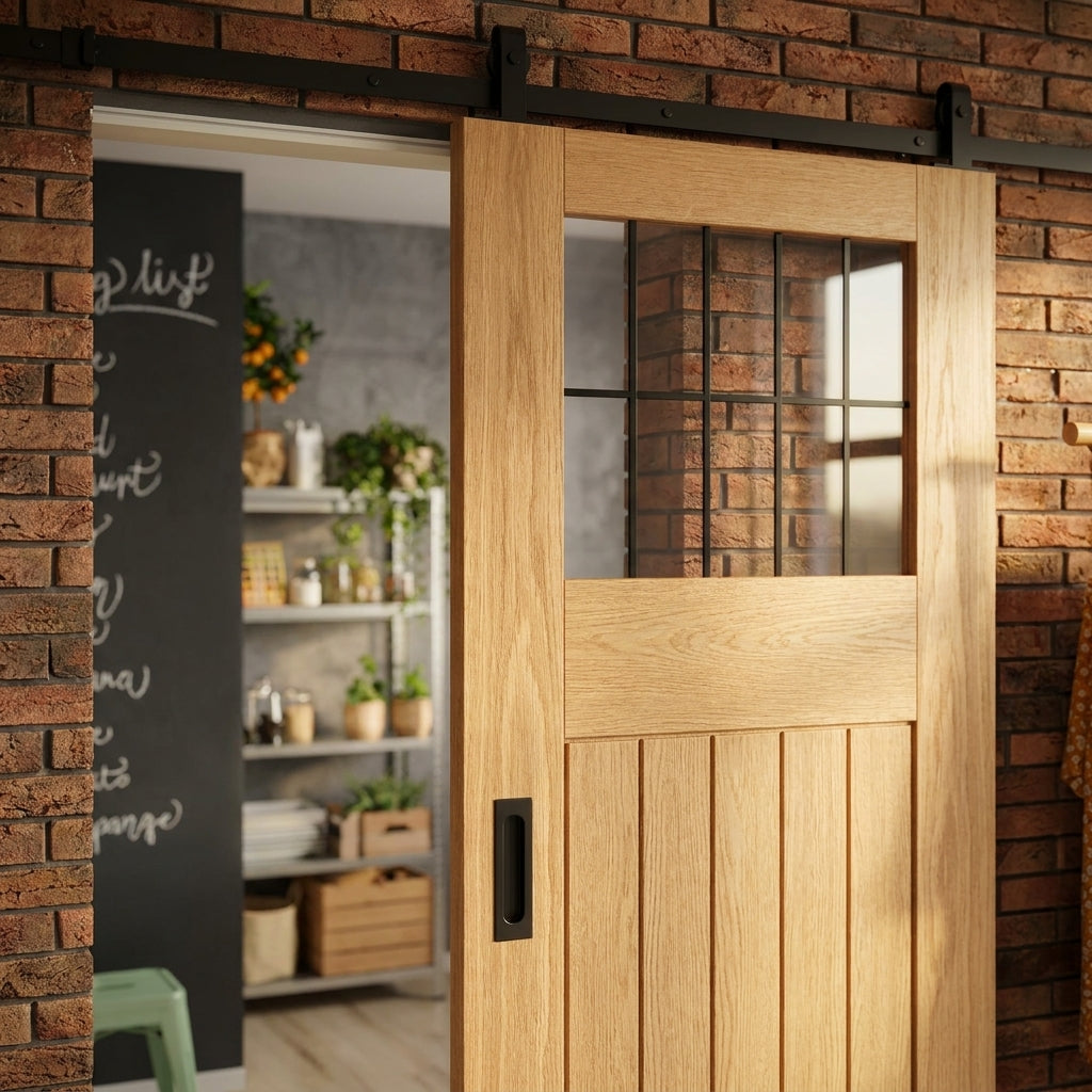 Internal Oak Sliding Door Unfinished Solid Core with 1 Light Obscure Glass Panel - detail view