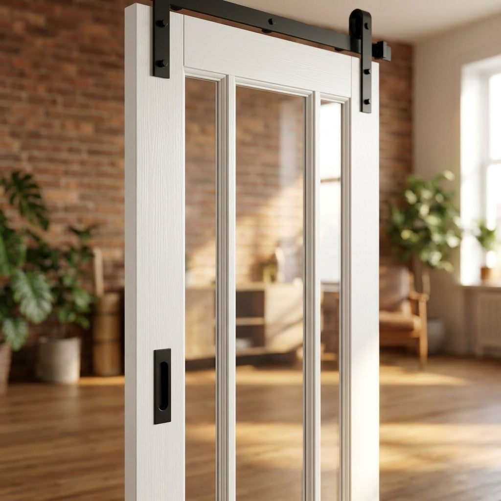 Internal White Sliding Door with 3 Light Clear Glass, Primed Finish - detail view