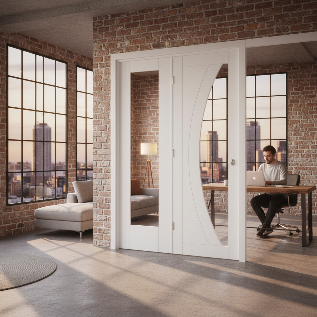 Premium Clear Glazed Room Divider with Curved Glass Panel and Side Panel Options for Versatile Room Partitioning