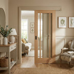 Oak Internal Sliding Door Unfinished 3 Light Clear Glass Black Top Mounted
