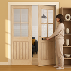 Premium Clear Glazed Double Pocket Door Set with Grooved Oak Panels and Galvanized Steel Frame for Space Efficiency