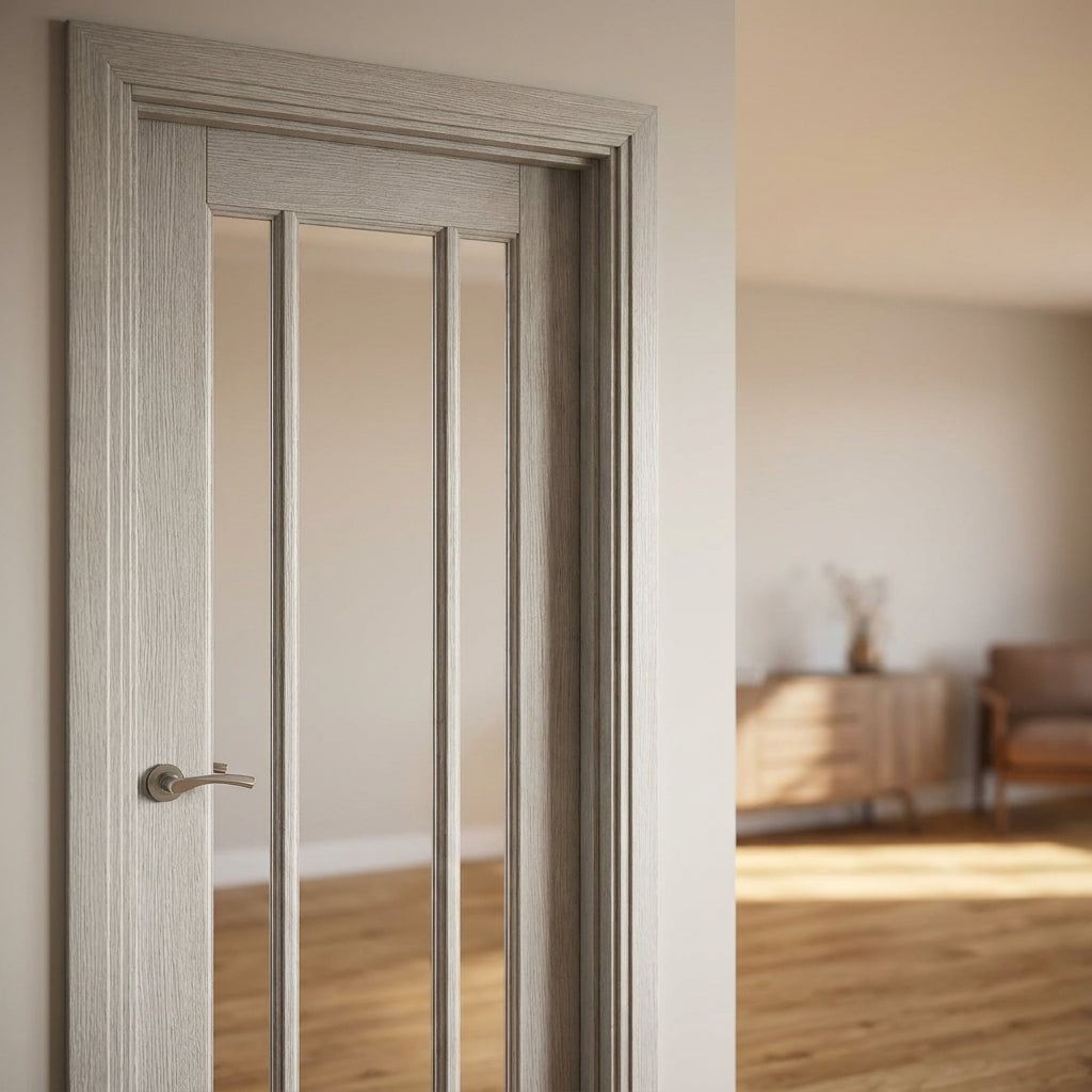 Internal White Door, Primed Finish, 3 Light Clear Glass Glazing, Solid Core - detail view