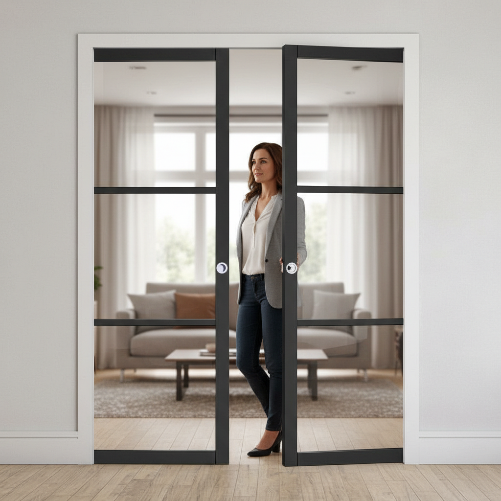 Premium Clear Glazed Double Pocket Door Set with Galvanised Steel Frame and Adjustable Jamb Kit