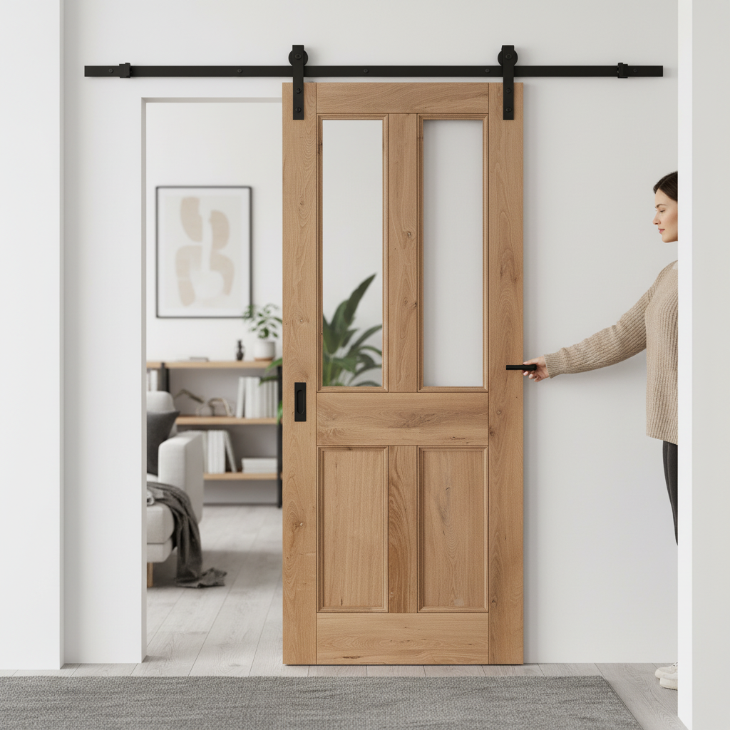 Premium Fully Finished Internal Sliding Door with Clear Glazed Panels and Black Top Mounted Kit - Rustic Oak 4 Panel Design