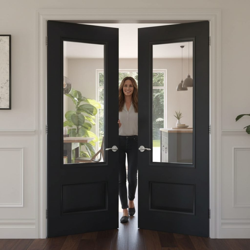 Premium 2 Panel Black Clear Glazed Door Pair with Bevelled Glass and Traditional Mouldings