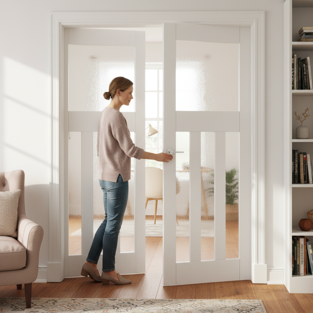 Internal White Primed Pair Door with 1930's Design, 3 Panels, and Obscure Glass for Vintage Charm - Image 2