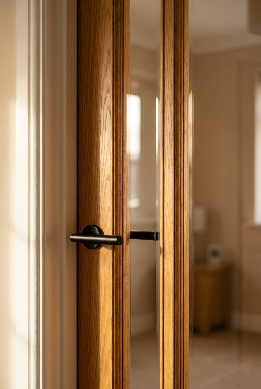 Internal Oak Door Fully Finished FD30 Fire Rated with 3 Light Clear Glass - detail view
