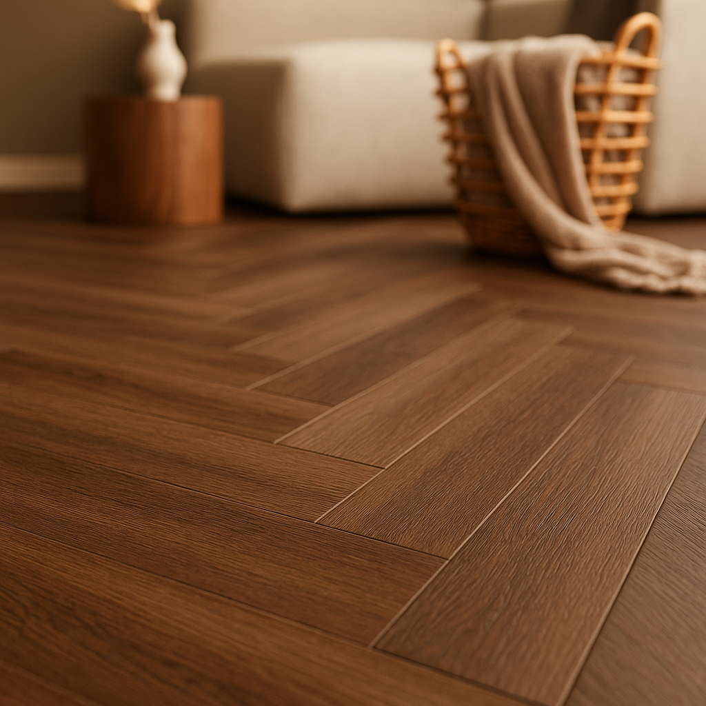 Herringbone Rigid Core LVT Flooring - Dark 5.5mm Lifestyle Finish - detail view