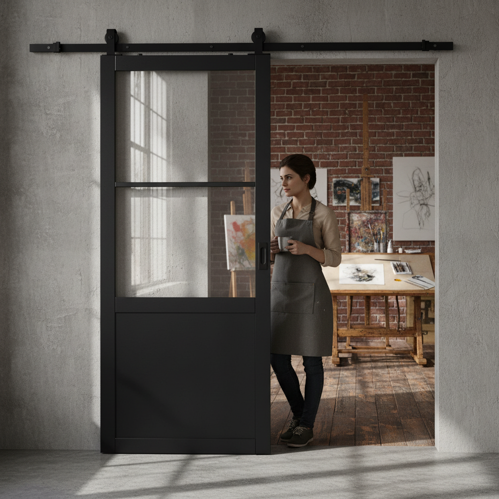 Premium Internal Fully Finished Industrial Studio 1 Panel 2 Light Clear Glass Door with Matt Black Track for Modern Homes