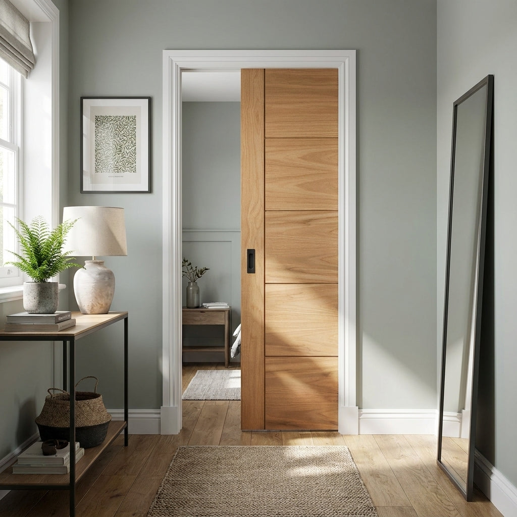 Pocket Door Set, Oak, Unfinished, 100mm, Internal, 5 Panel Framed Design