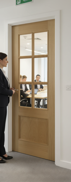 Premium 6 Light Clear Glazed Internal Fire Door with Real Oak Veneer, Engineered Construction, and 30 Minutes Fire Rated Performance