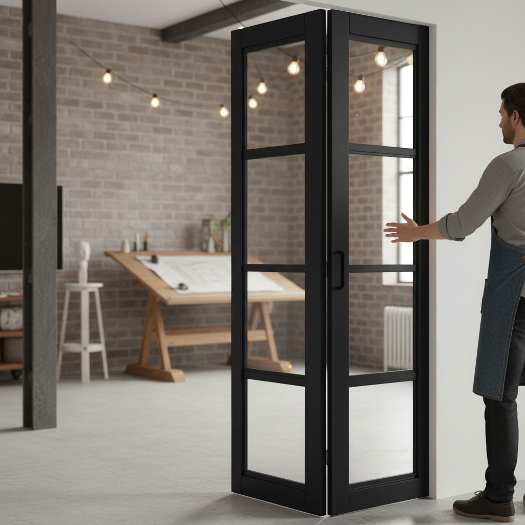 Premium Internal Fully Finished Industrial Studio Bifold Door with 4 Light Clear Glass Panels for Modern Interiors