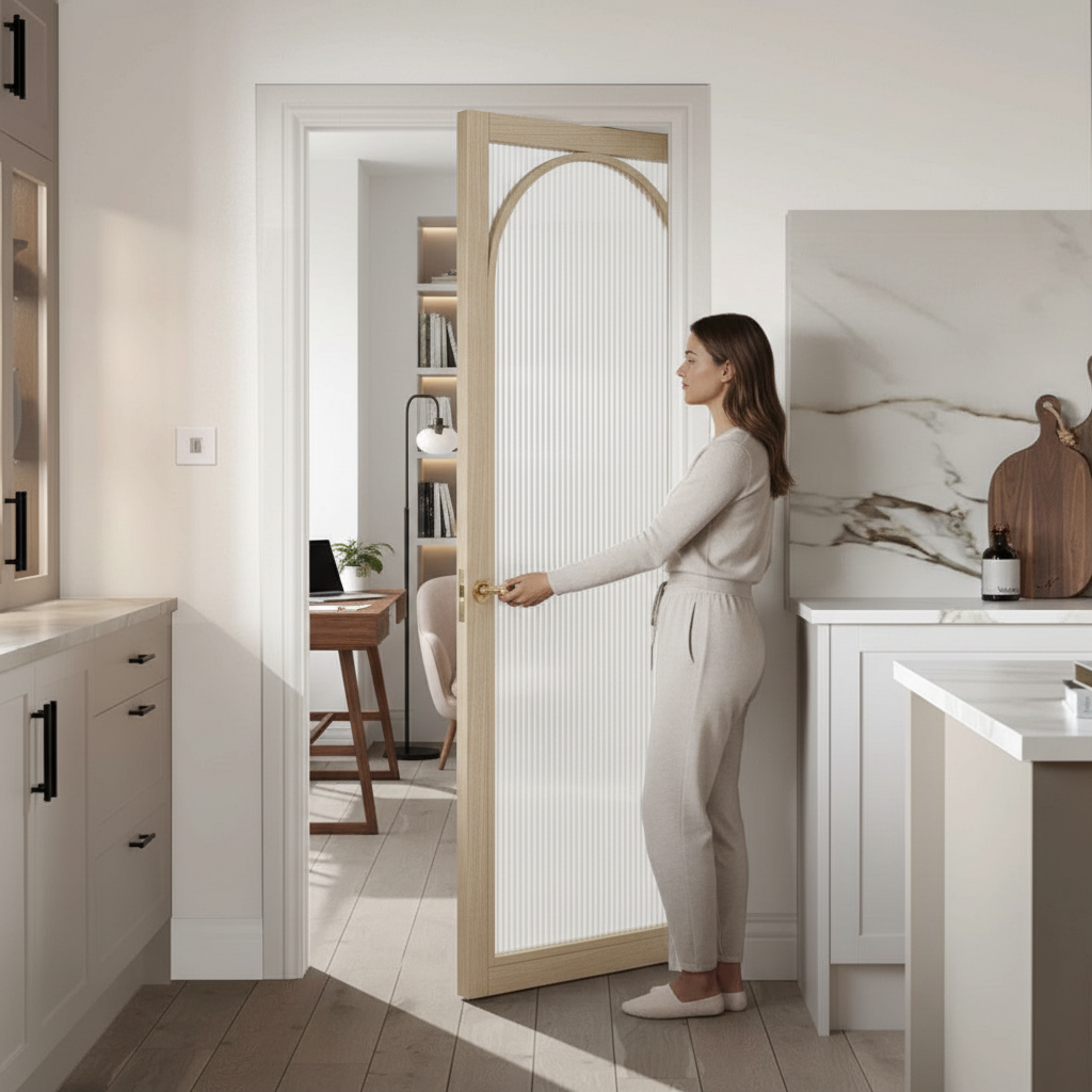 Premium Reeded Glazed Arched Pocket Door System with Galvanised Steel Frame and Adjustable Jambs for Seamless Installation