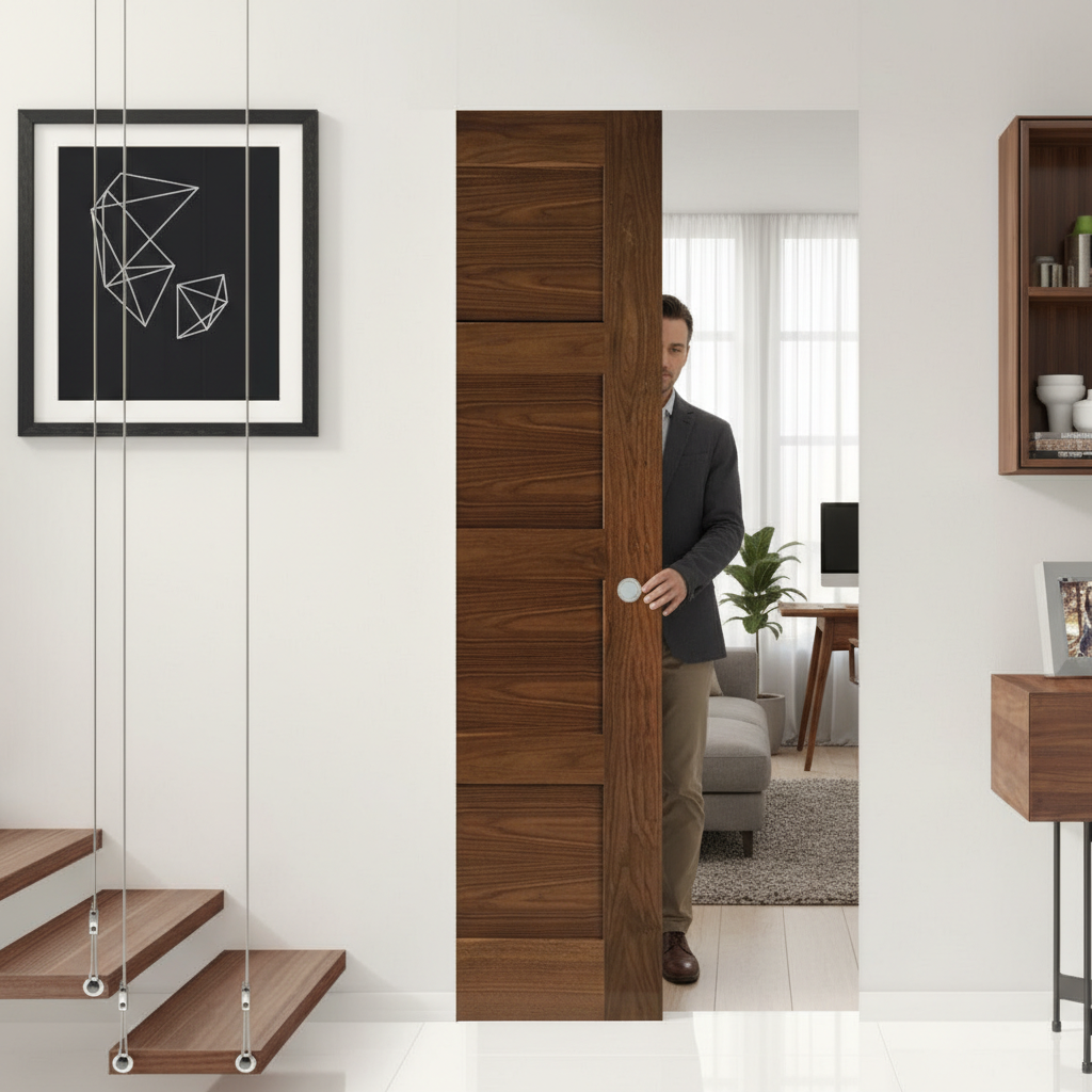 Premium 4-Panel Flush Pocket Door Set with Walnut Finish - Space-Saving Design and No Bottom Track for Modern Homes