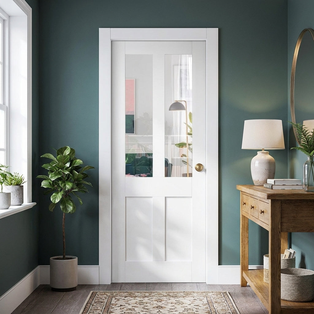 Primed White Internal Victorian Shaker Door with 2 Panels and 2 Clear Glass Lights