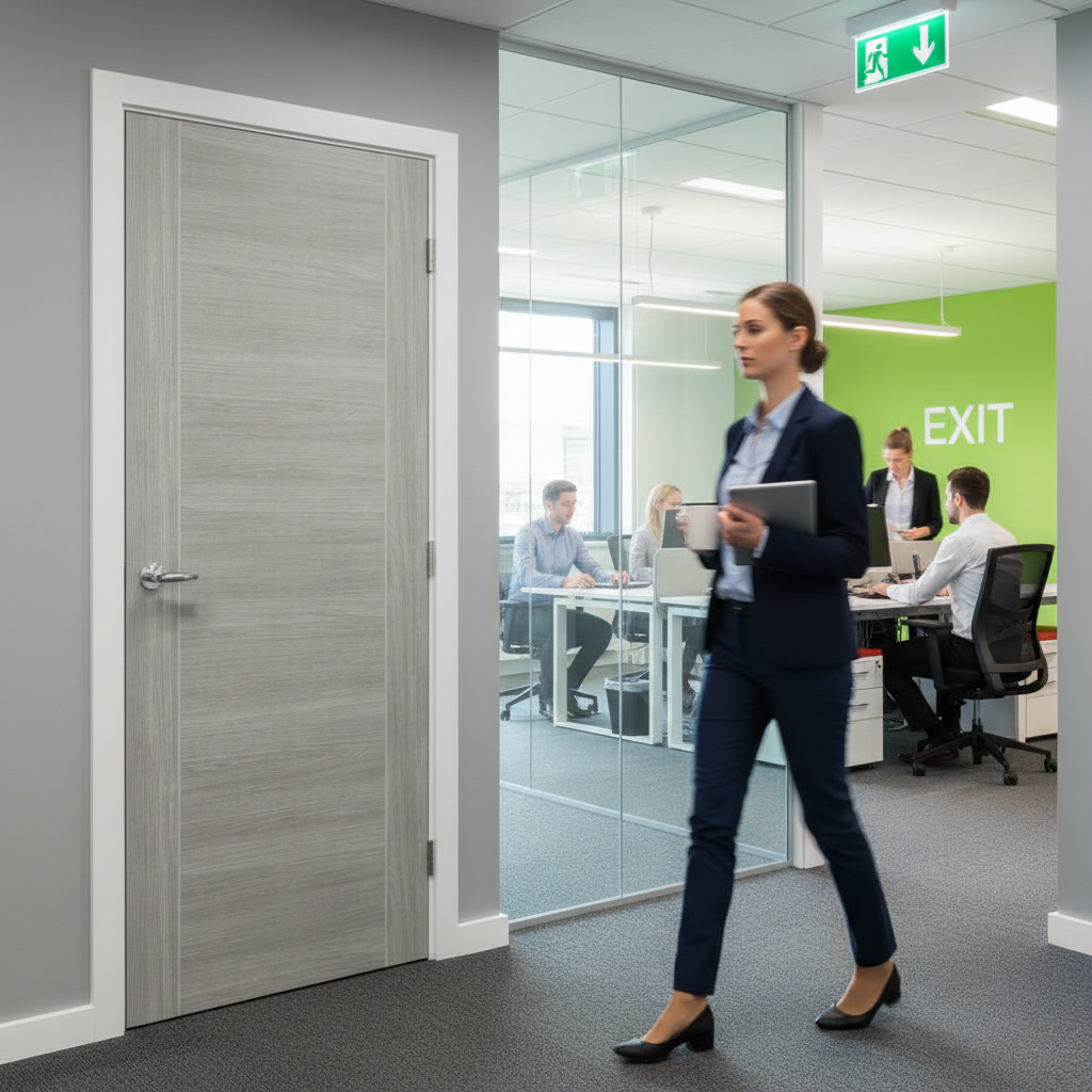 Premium White Grey Laminate Fire Door with Textured Wood Appearance, Fully Finished and Ready to Hang