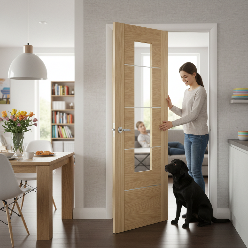 Premium Custom Made Oak Glazed Internal Door with Horizontal Panels and Aluminium Inlays