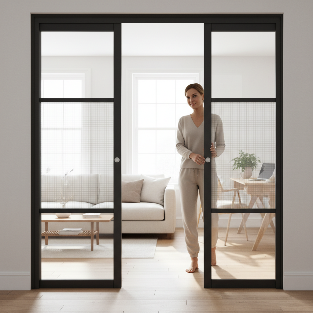 Premium Double Pocket Door System with Glazed Panels and Adjustable Track for Modern Interiors