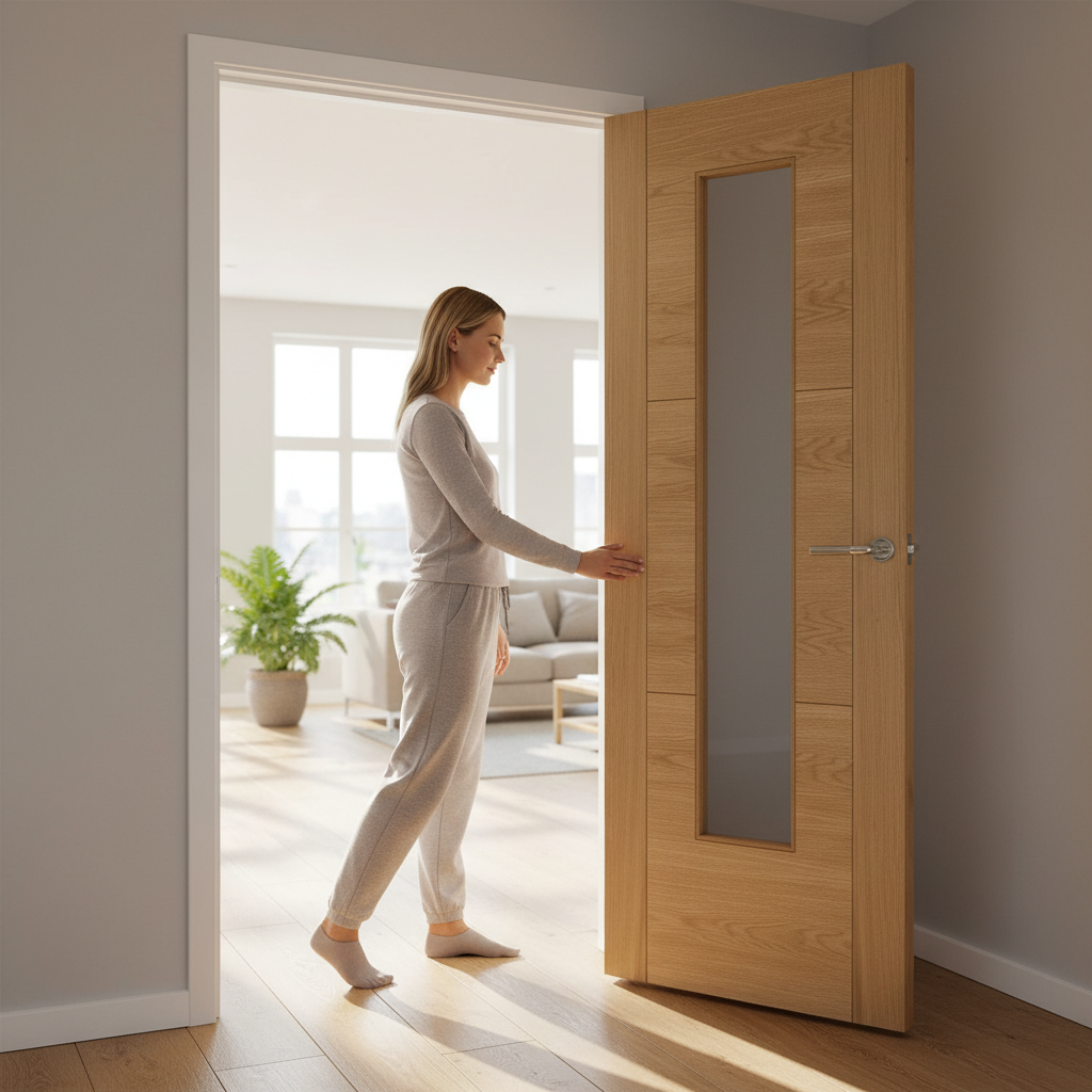 Premium Contemporary Oak Glazed Internal Door with 5 Ladder Style Panels and Clear Tempered Safety Glass