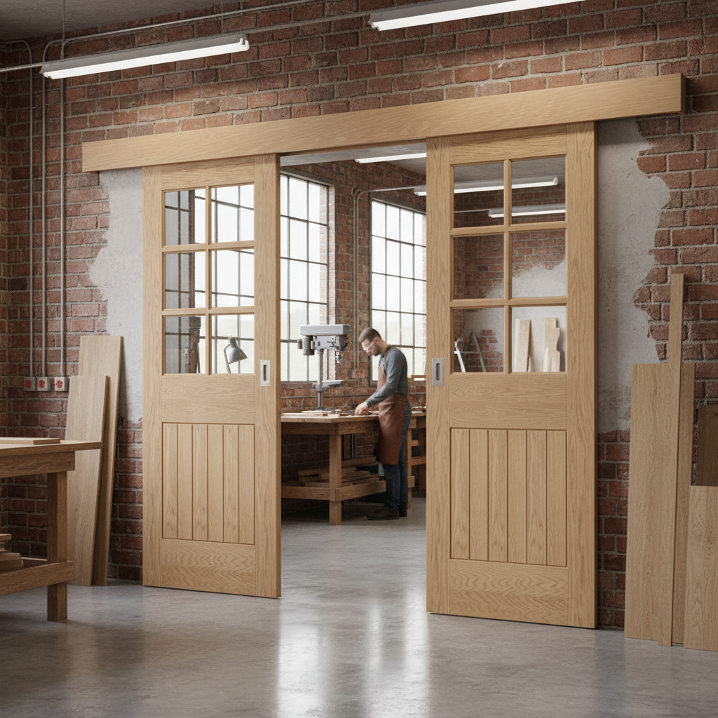 Premium Glazed Double Sliding Door System with Oak Doors and Versatile Installation Options