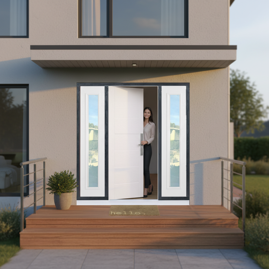 Premium Contemporary Composite Grand Entrance Door with Frosted Sidelights - Low Maintenance, Thermally Efficient Design