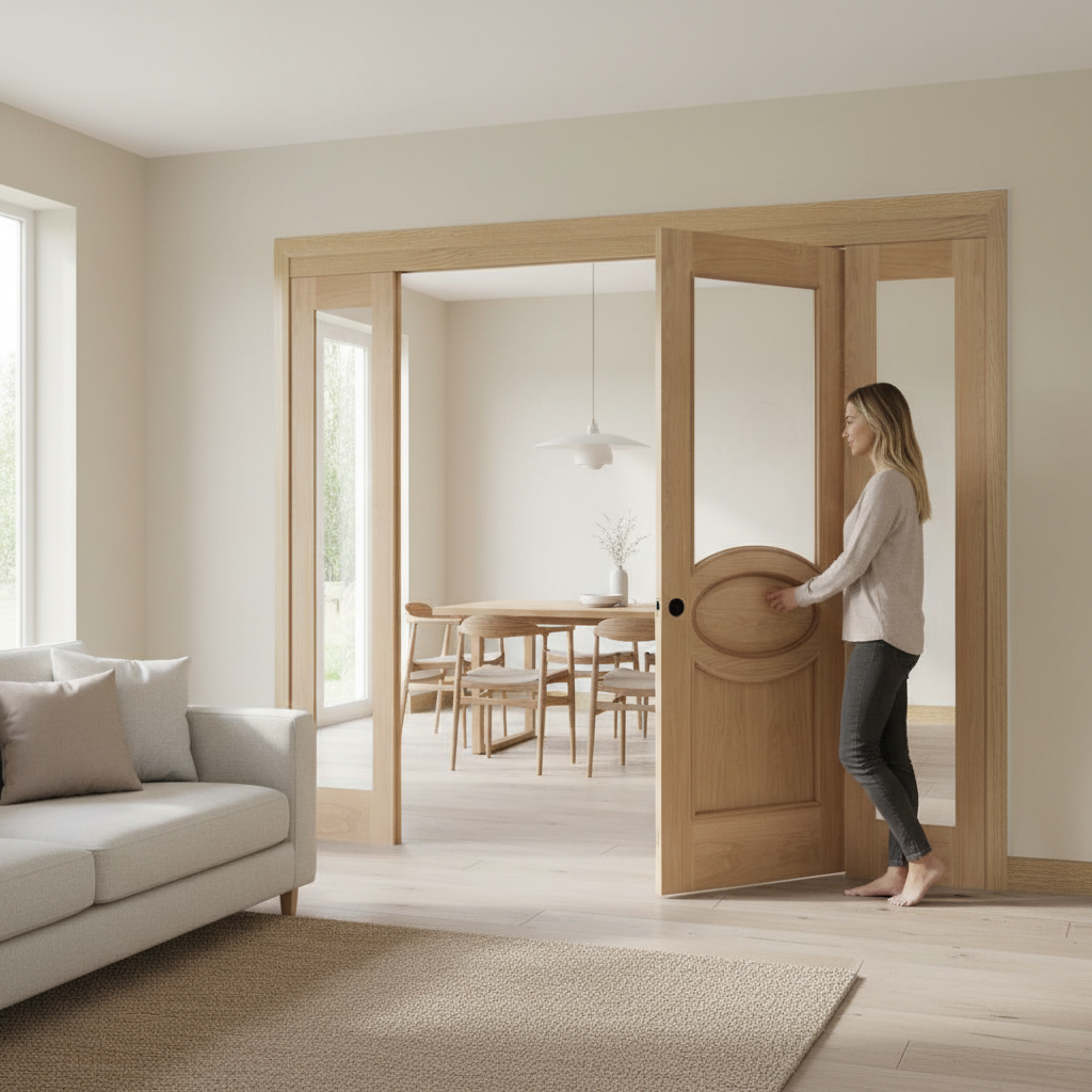 Premium Oak Glazed Room Divider with Sliding Doors and Fixed Panels for Open Space Design